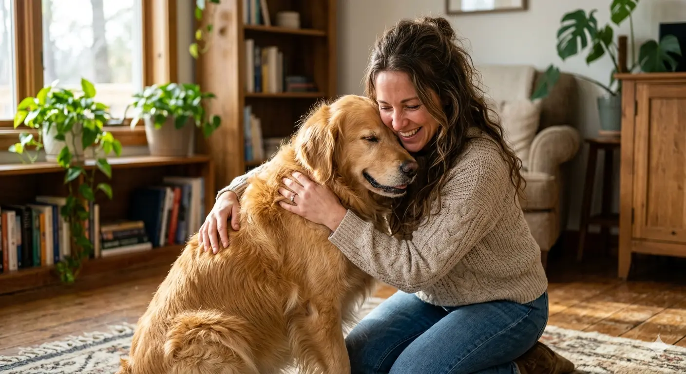 une femme qui fait un câlin à un chien
