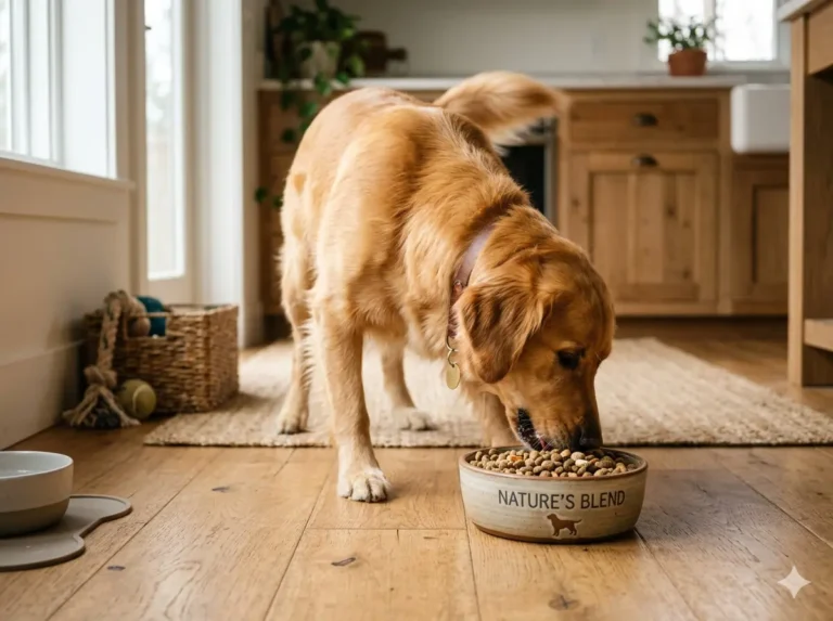 un chien qui mange des croquettes
